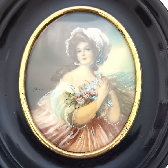 Antique Victorian Woman Miniature Porcelain Painting Wood Frame Signed Silver? - Picture 2 of 4